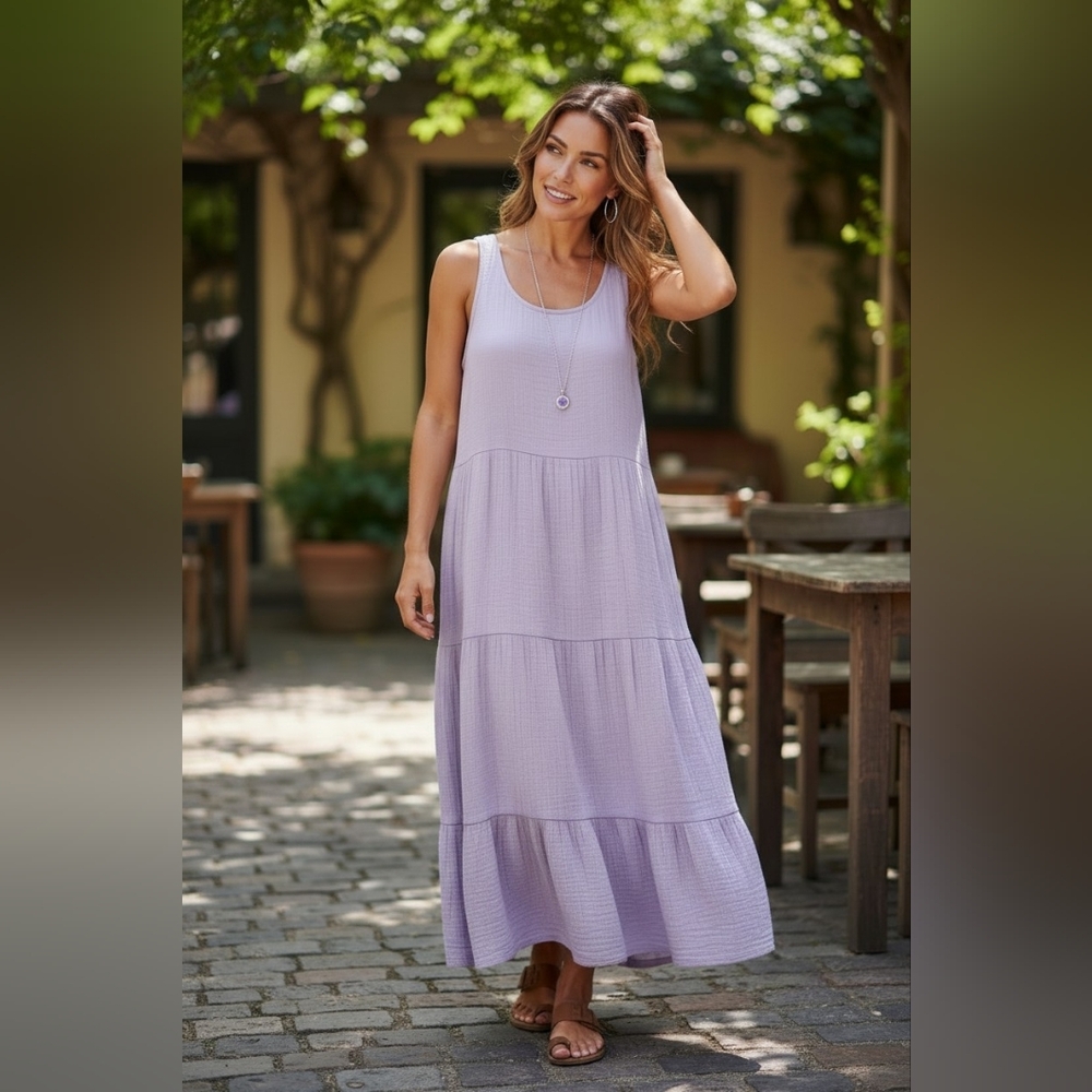 NWT Sleeveless Tiered Maxi Dress in Lavender - Women M Boho Resort